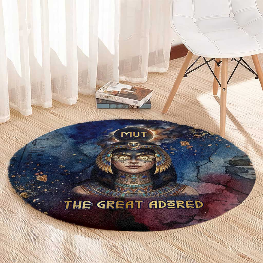 Mut Round Carpet The Lioness of Thebes Egyptian Goddess Cosmic Crown Adorned Warrior Queen Design