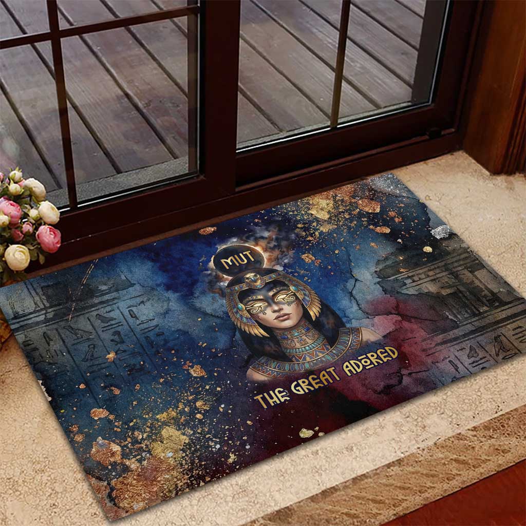 Mut Rubber Doormat The Lioness of Thebes Egyptian Goddess Cosmic Crown Adorned Warrior Queen Design