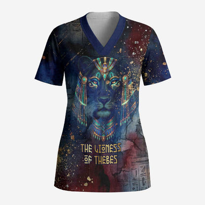 Mut Scrub Top The Lioness of Thebes Egyptian Goddess Cosmic Crown Adorned Warrior Queen Design