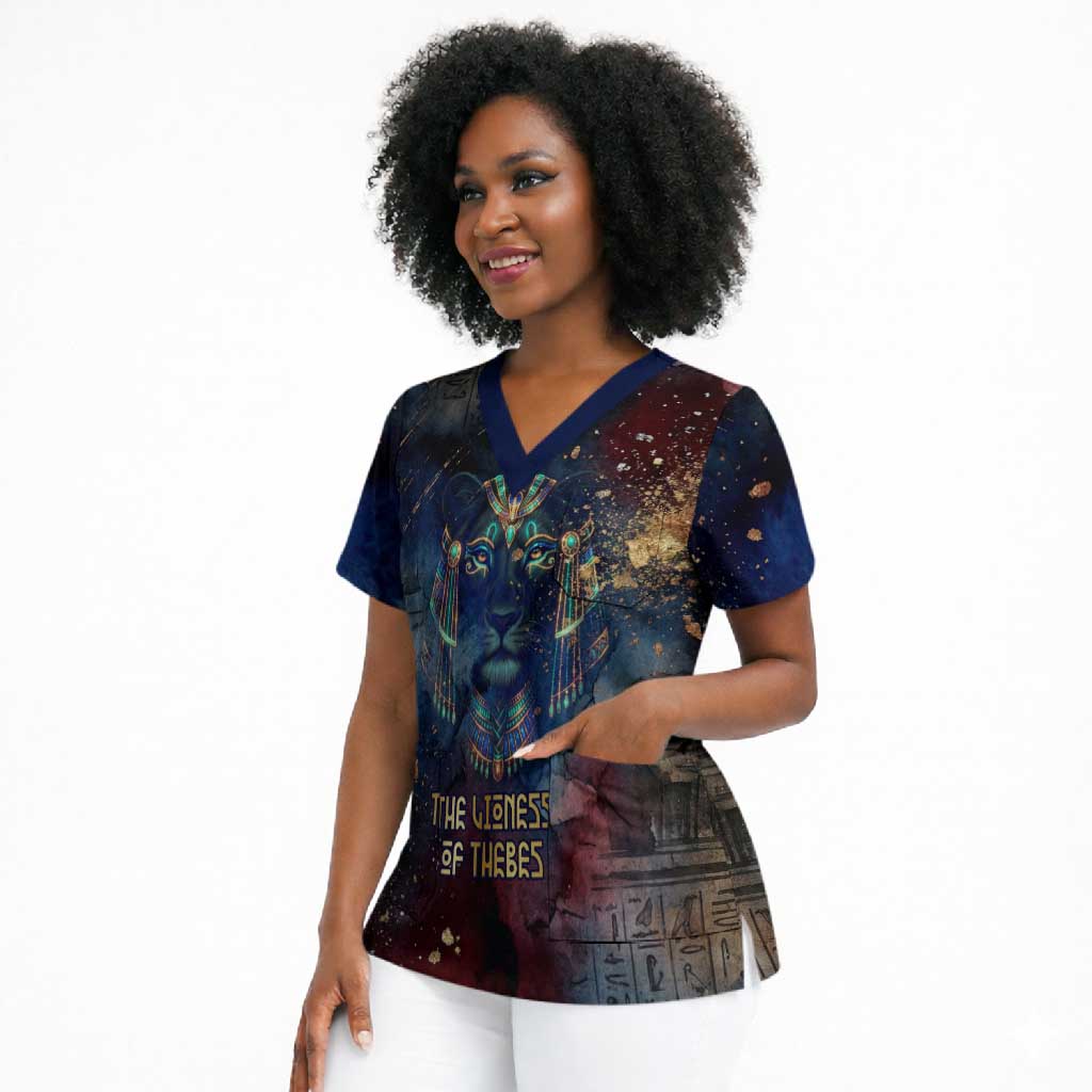 Mut Scrub Top The Lioness of Thebes Egyptian Goddess Cosmic Crown Adorned Warrior Queen Design