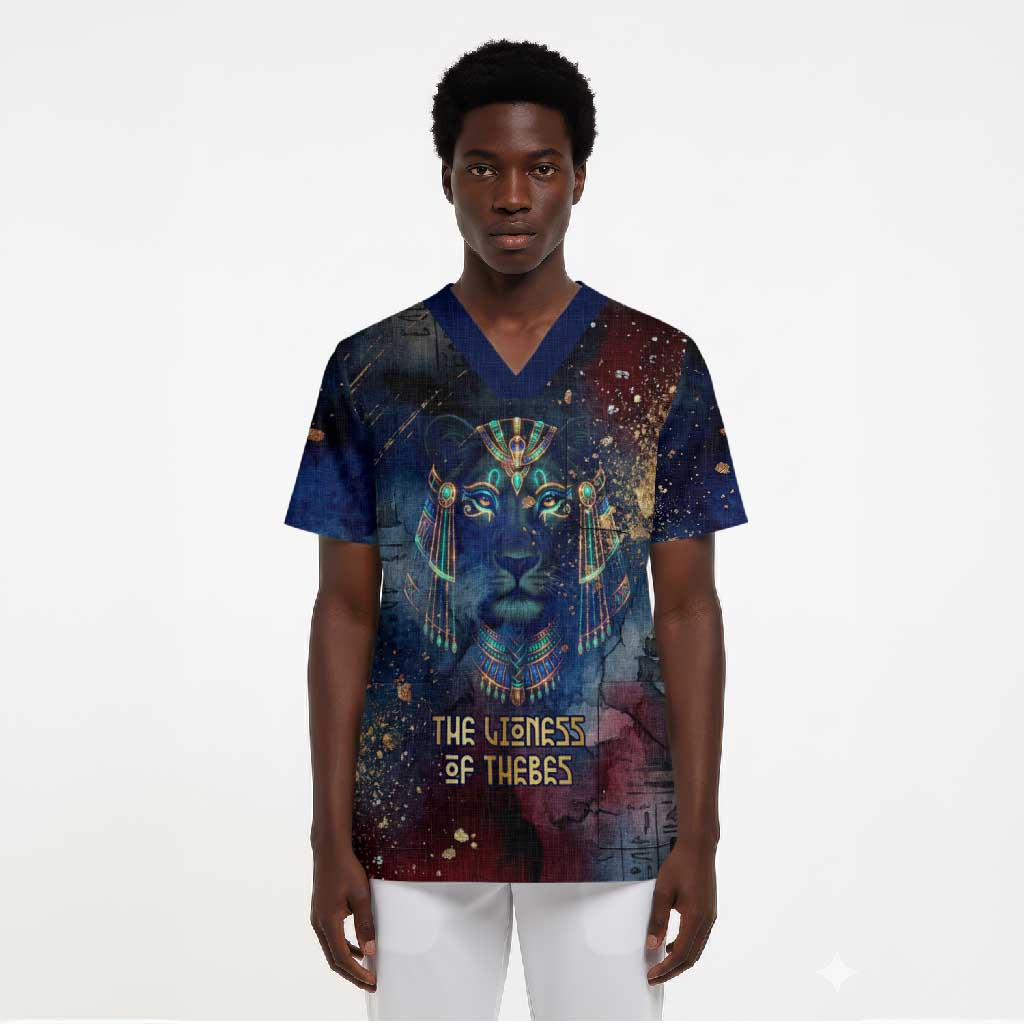 Mut Scrub Top The Lioness of Thebes Egyptian Goddess Cosmic Crown Adorned Warrior Queen Design