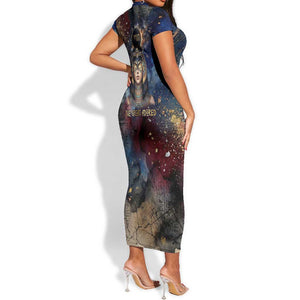 Mut Short Sleeve Bodycon Dress The Lioness of Thebes Egyptian Goddess Cosmic Crown Adorned Warrior Queen Design