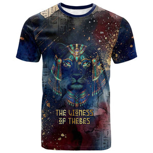 Mut T shirt The Lioness of Thebes Egyptian Goddess Cosmic Crown Adorned Warrior Queen Design