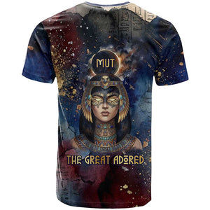 Mut T shirt The Lioness of Thebes Egyptian Goddess Cosmic Crown Adorned Warrior Queen Design