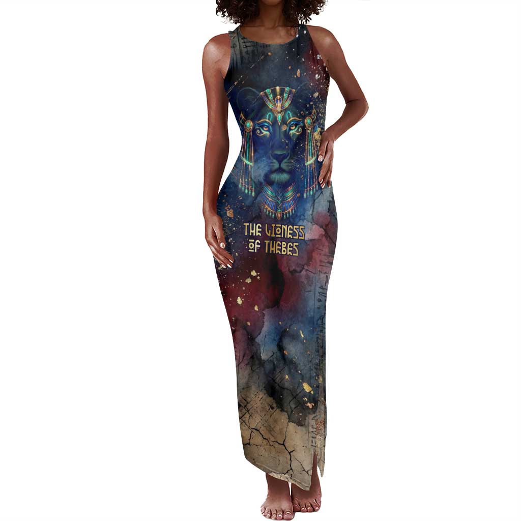 Mut Tank Maxi Dress The Lioness of Thebes Egyptian Goddess Cosmic Crown Adorned Warrior Queen Design