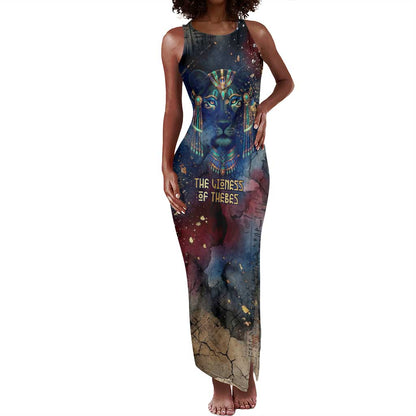 Mut Tank Maxi Dress The Lioness of Thebes Egyptian Goddess Cosmic Crown Adorned Warrior Queen Design