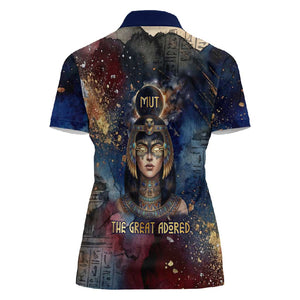 Mut Women Polo Shirt The Lioness of Thebes Egyptian Goddess Cosmic Crown Adorned Warrior Queen Design