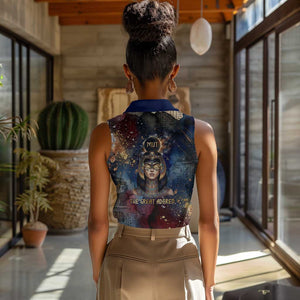 Mut Women Sleeveless Polo Shirt The Lioness of Thebes Egyptian Goddess Cosmic Crown Adorned Warrior Queen Design