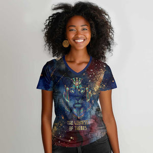 Mut Women V-Neck T-Shirt The Lioness of Thebes Egyptian Goddess Cosmic Crown Adorned Warrior Queen Design