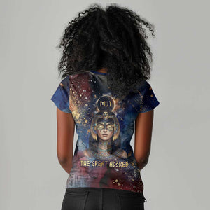 Mut Women V-Neck T-Shirt The Lioness of Thebes Egyptian Goddess Cosmic Crown Adorned Warrior Queen Design