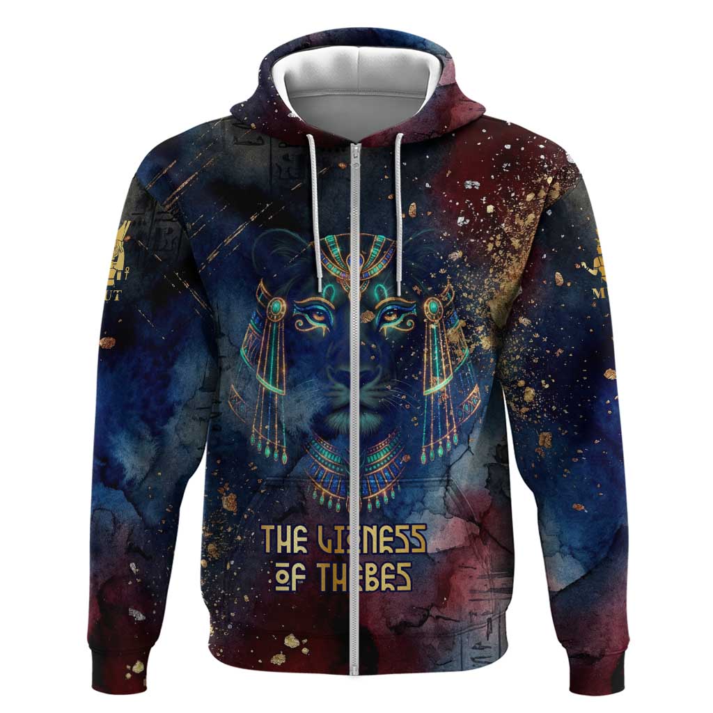 Mut Zip Hoodie The Lioness of Thebes Egyptian Goddess Cosmic Crown Adorned Warrior Queen Design