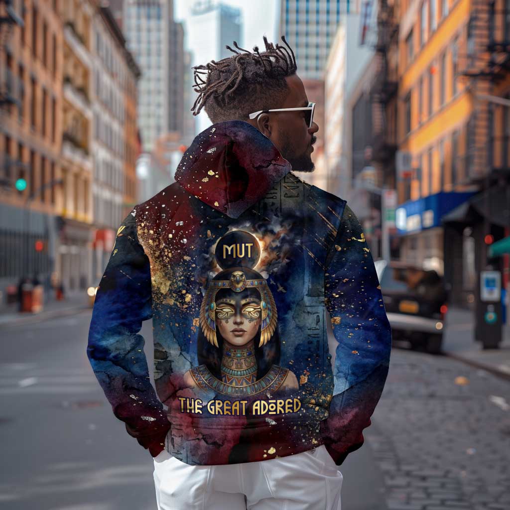 Mut Zip Hoodie The Lioness of Thebes Egyptian Goddess Cosmic Crown Adorned Warrior Queen Design
