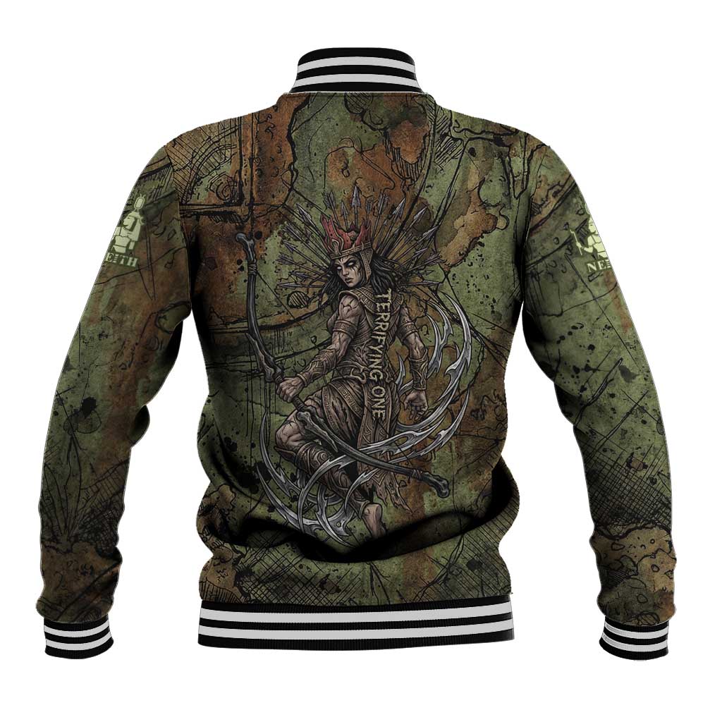 Neith Egyptian Baseball Jacket War Goddess Terrifying One Dual Spears and Shield Battle Worn