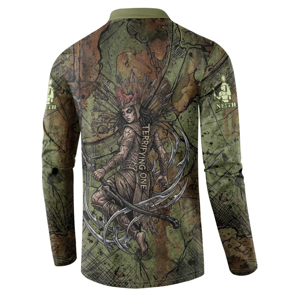 Neith Egyptian Button Sweatshirt War Goddess Terrifying One Dual Spears and Shield Battle Worn