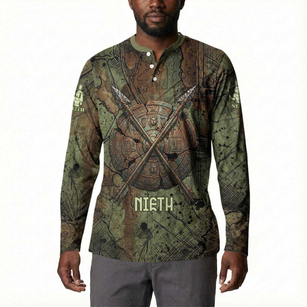 Neith Egyptian Button Sweatshirt War Goddess Terrifying One Dual Spears and Shield Battle Worn
