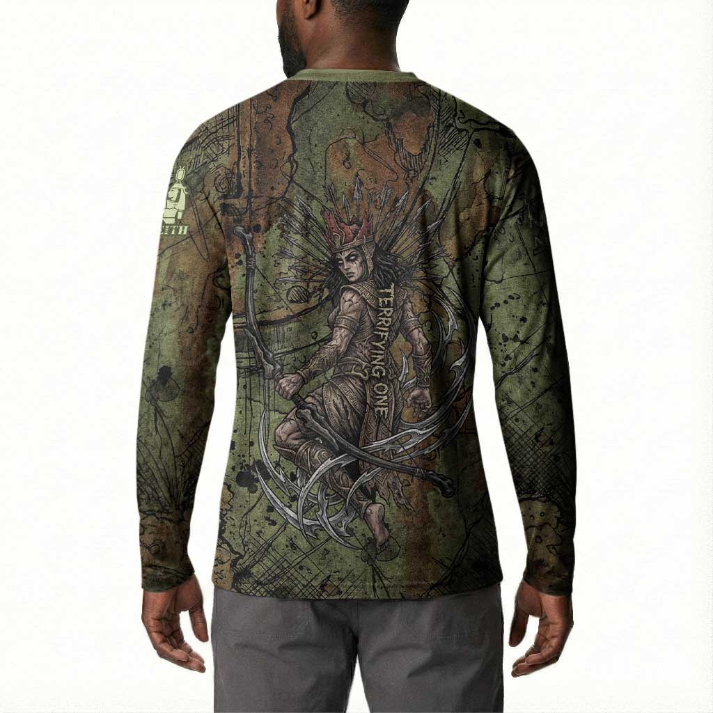 Neith Egyptian Button Sweatshirt War Goddess Terrifying One Dual Spears and Shield Battle Worn