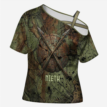 Neith Egyptian Cross Shoulder Shirt War Goddess Terrifying One Dual Spears and Shield Battle Worn
