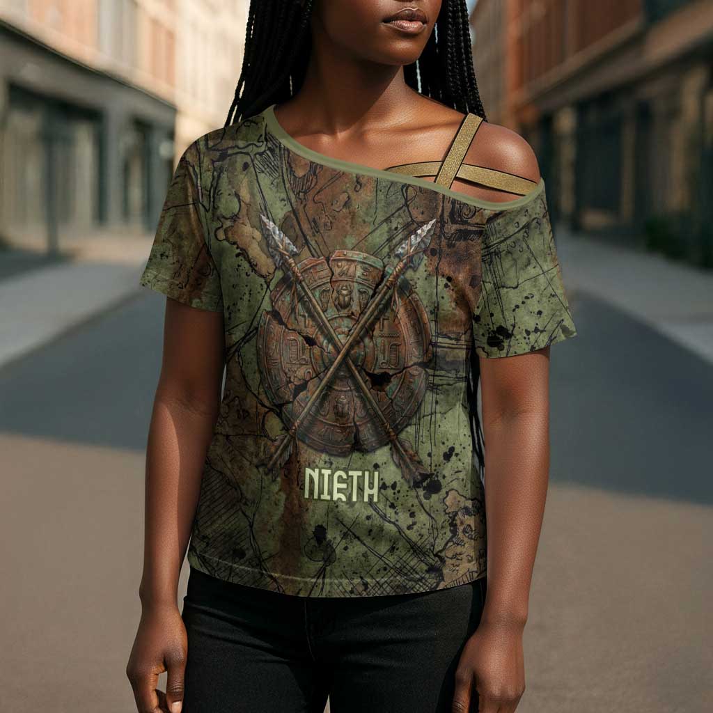 Neith Egyptian Cross Shoulder Shirt War Goddess Terrifying One Dual Spears and Shield Battle Worn