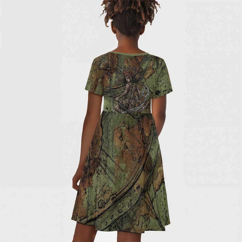 Neith Egyptian Kid Short Sleeve Dress War Goddess Terrifying One Dual Spears and Shield Battle Worn