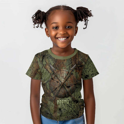 Neith Egyptian Kid T shirt War Goddess Terrifying One Dual Spears and Shield Battle Worn