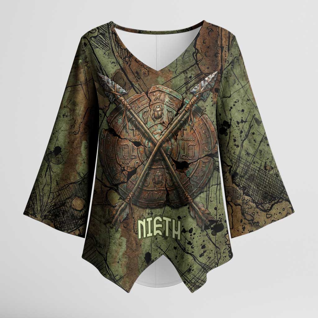 Neith Egyptian Kimono Sleeve Blouse War Goddess Terrifying One Dual Spears and Shield Battle Worn