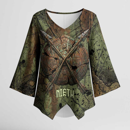 Neith Egyptian Kimono Sleeve Blouse War Goddess Terrifying One Dual Spears and Shield Battle Worn
