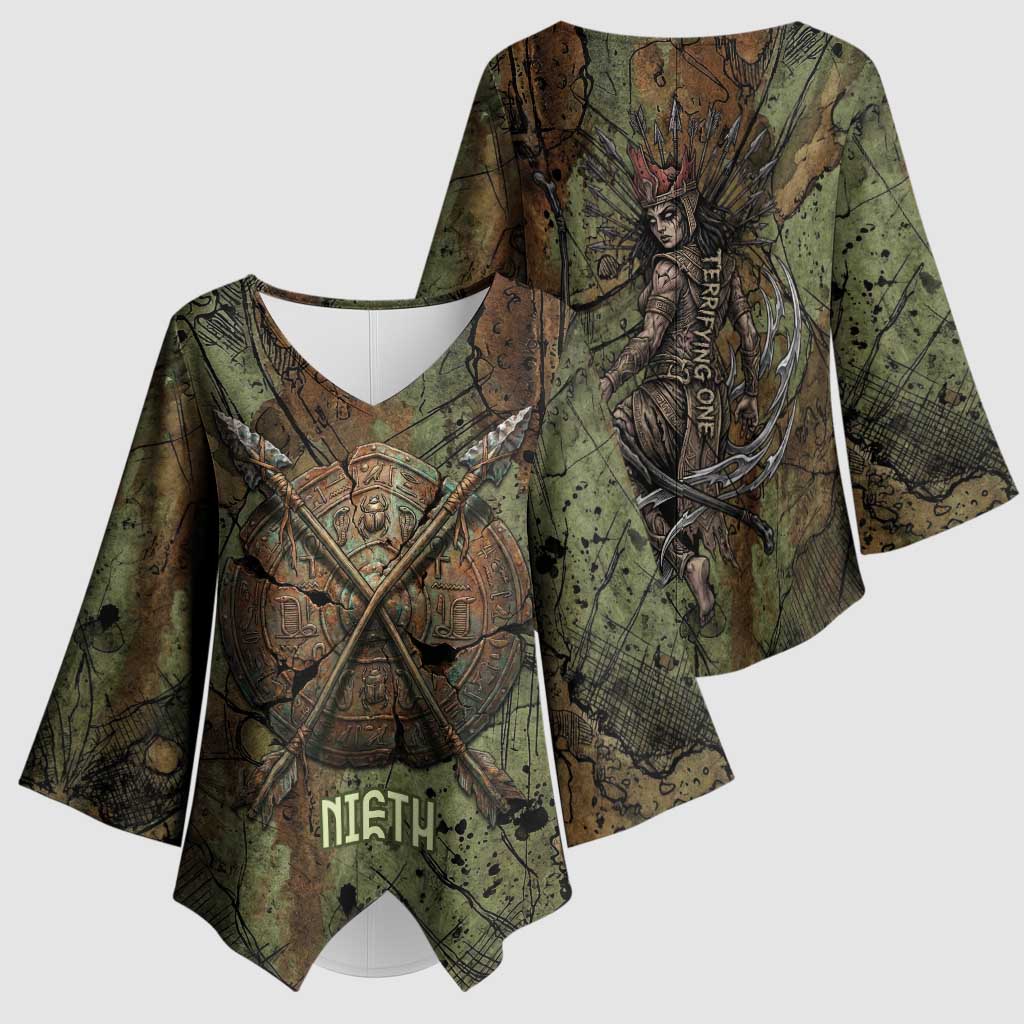 Neith Egyptian Kimono Sleeve Blouse War Goddess Terrifying One Dual Spears and Shield Battle Worn