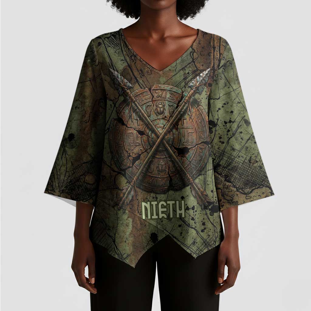 Neith Egyptian Kimono Sleeve Blouse War Goddess Terrifying One Dual Spears and Shield Battle Worn