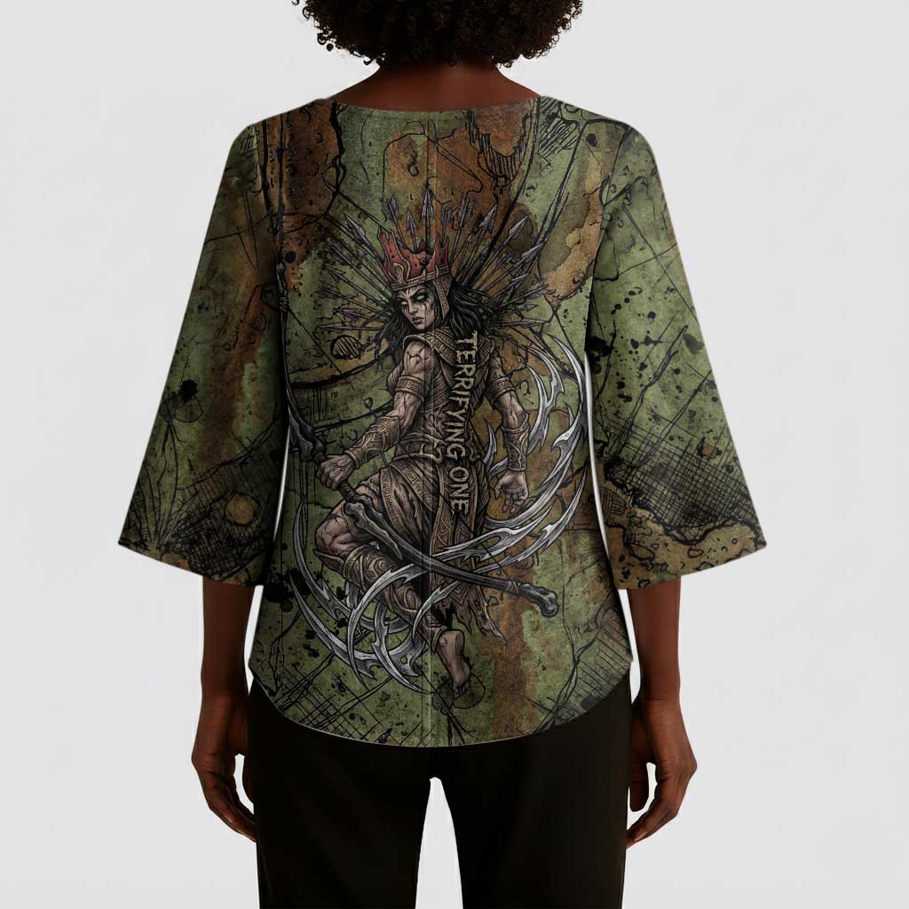 Neith Egyptian Kimono Sleeve Blouse War Goddess Terrifying One Dual Spears and Shield Battle Worn