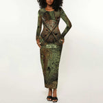 Neith Egyptian Long Sleeve Bodycon Dress War Goddess Terrifying One Dual Spears and Shield Battle Worn