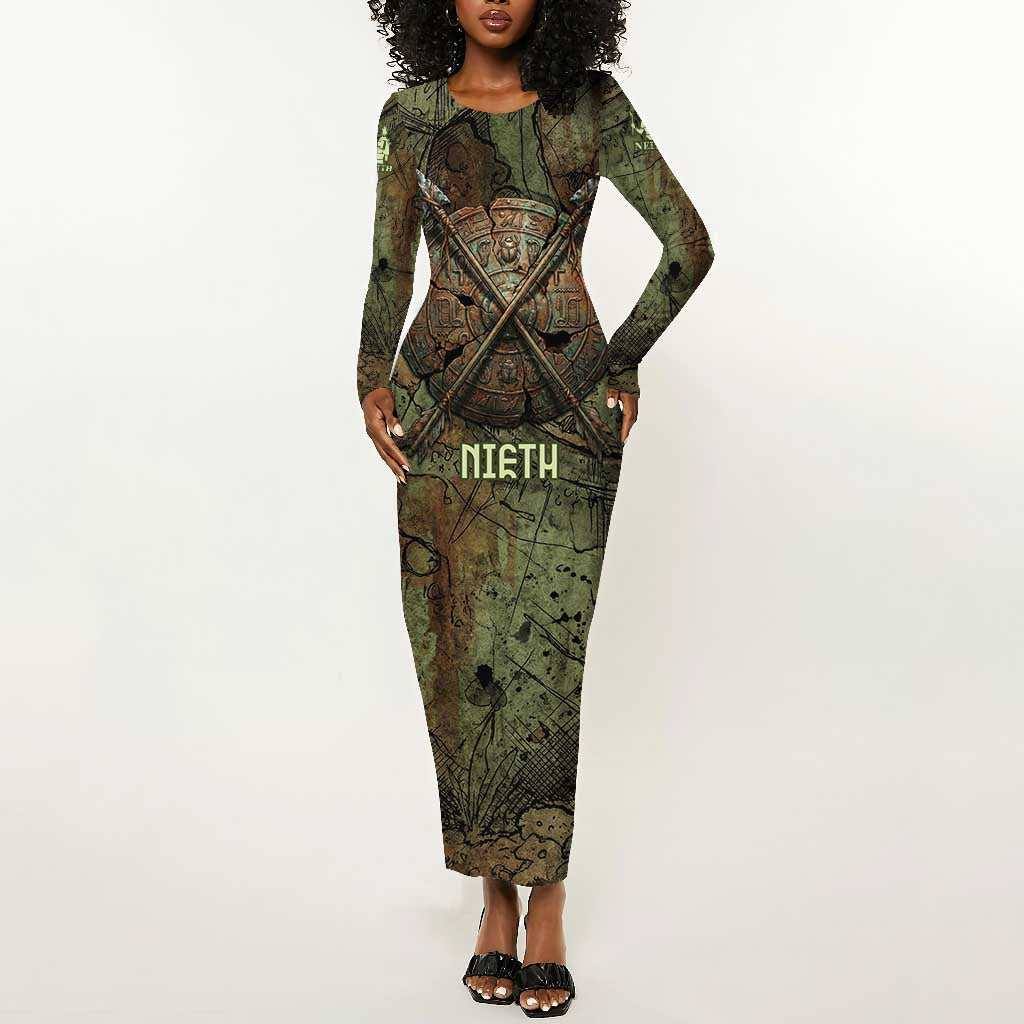 Neith Egyptian Long Sleeve Bodycon Dress War Goddess Terrifying One Dual Spears and Shield Battle Worn