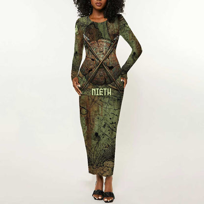 Neith Egyptian Long Sleeve Bodycon Dress War Goddess Terrifying One Dual Spears and Shield Battle Worn