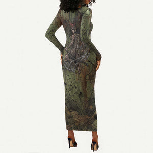 Neith Egyptian Long Sleeve Bodycon Dress War Goddess Terrifying One Dual Spears and Shield Battle Worn