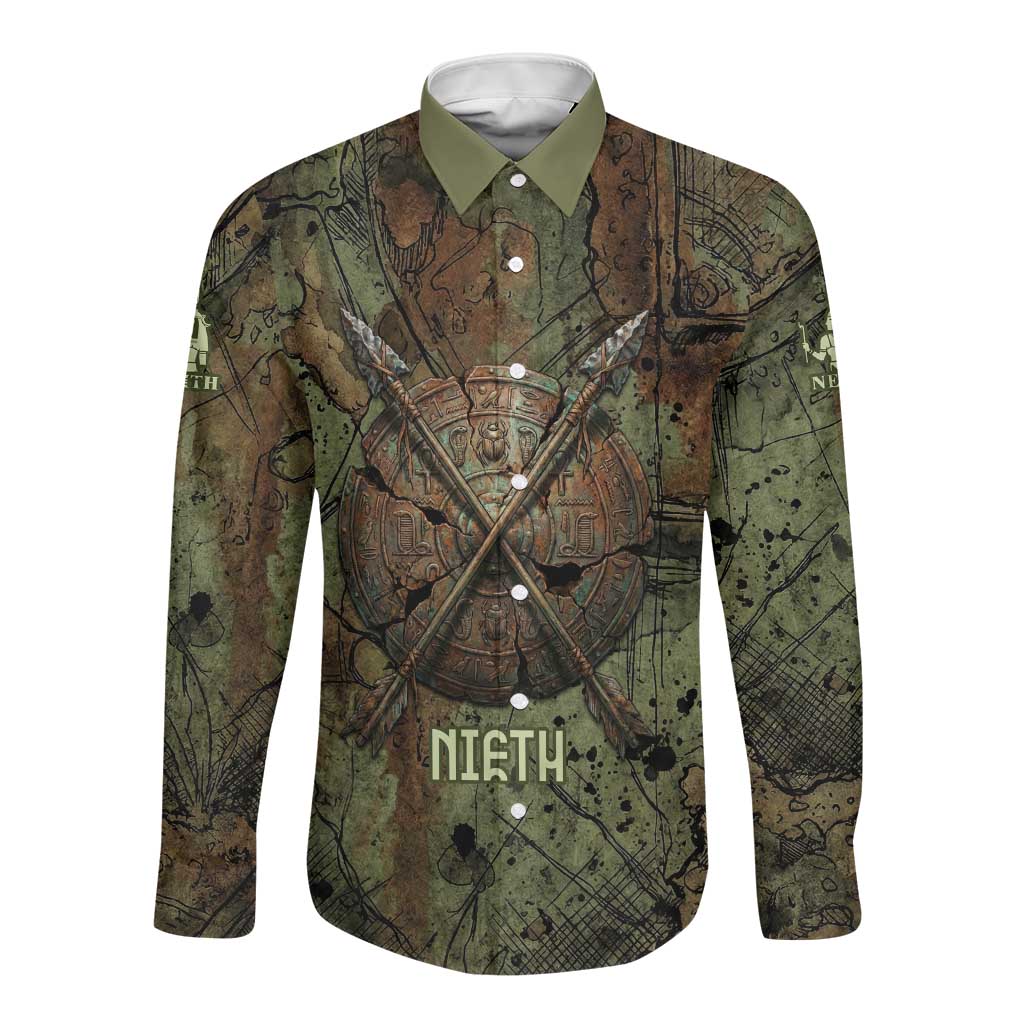 Neith Egyptian Long Sleeve Button Shirt War Goddess Terrifying One Dual Spears and Shield Battle Worn