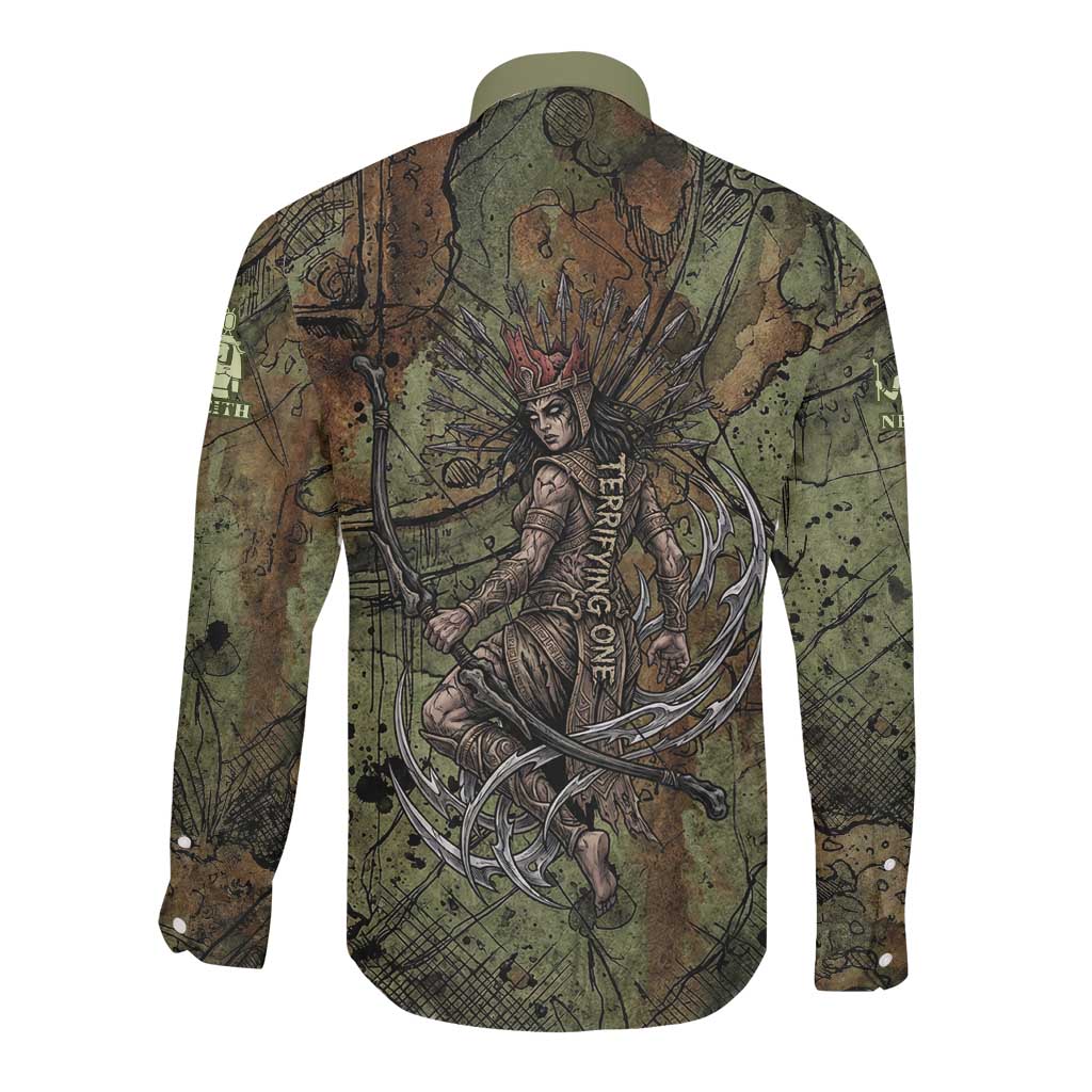 Neith Egyptian Long Sleeve Button Shirt War Goddess Terrifying One Dual Spears and Shield Battle Worn