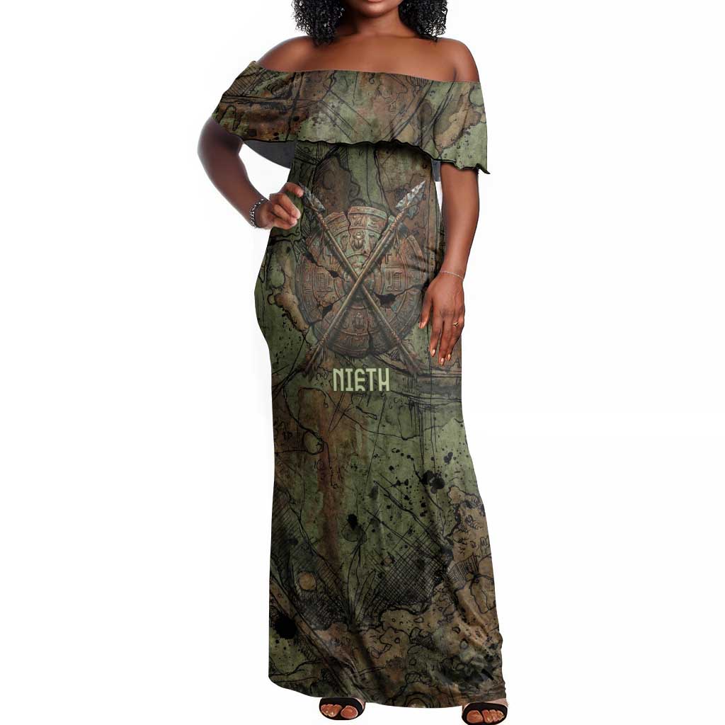 Neith Egyptian Off Shoulder Maxi Dress War Goddess Terrifying One Dual Spears and Shield Battle Worn