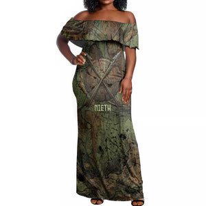 Neith Egyptian Off Shoulder Maxi Dress War Goddess Terrifying One Dual Spears and Shield Battle Worn