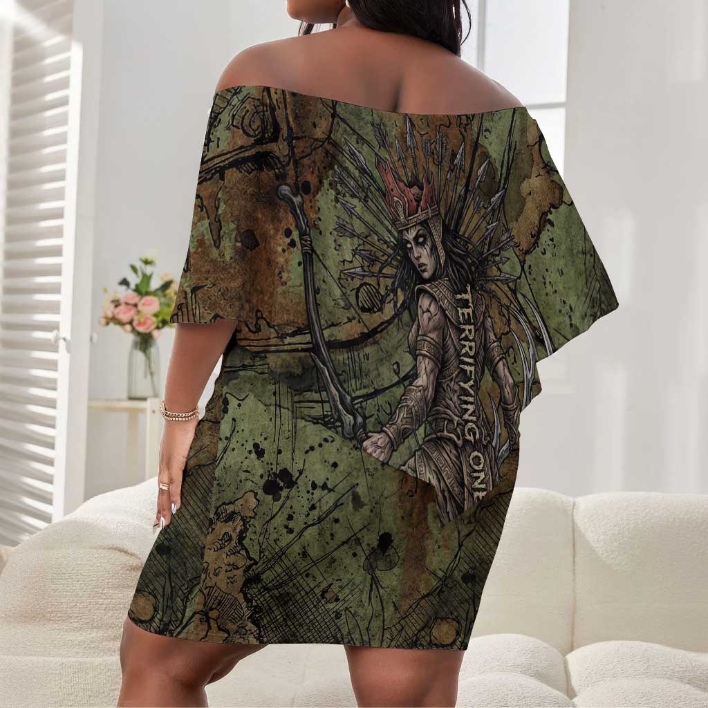 Neith Egyptian Off Shoulder Short Dress War Goddess Terrifying One Dual Spears and Shield Battle Worn