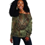 Neith Egyptian Off Shoulder Sweater War Goddess Terrifying One Dual Spears and Shield Battle Worn