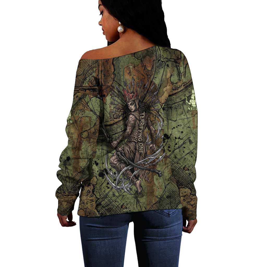 Neith Egyptian Off Shoulder Sweater War Goddess Terrifying One Dual Spears and Shield Battle Worn