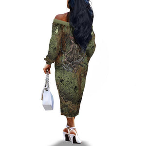 Neith Egyptian Off The Shoulder Long Sleeve Dress War Goddess Terrifying One Dual Spears and Shield Battle Worn
