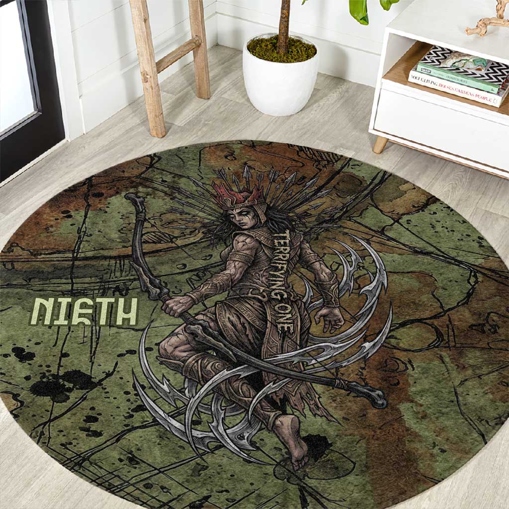 Neith Egyptian Round Carpet War Goddess Terrifying One Dual Spears and Shield Battle Worn
