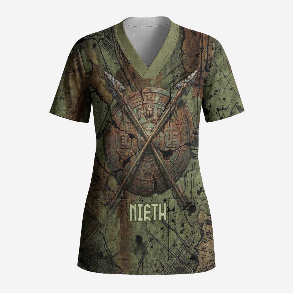 Neith Egyptian Scrub Top War Goddess Terrifying One Dual Spears and Shield Battle Worn