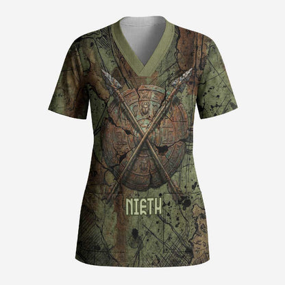Neith Egyptian Scrub Top War Goddess Terrifying One Dual Spears and Shield Battle Worn