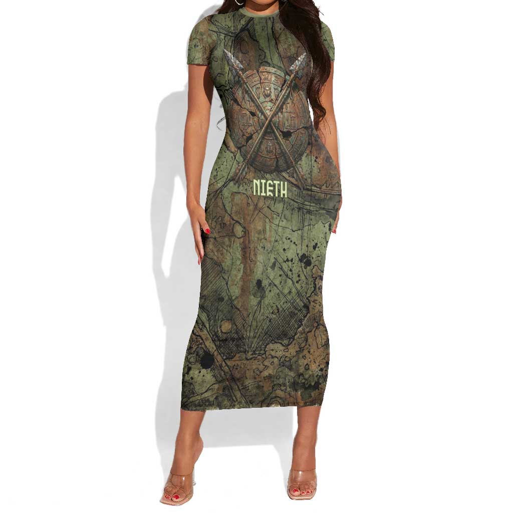 Neith Egyptian Short Sleeve Bodycon Dress War Goddess Terrifying One Dual Spears and Shield Battle Worn