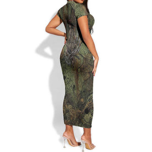 Neith Egyptian Short Sleeve Bodycon Dress War Goddess Terrifying One Dual Spears and Shield Battle Worn