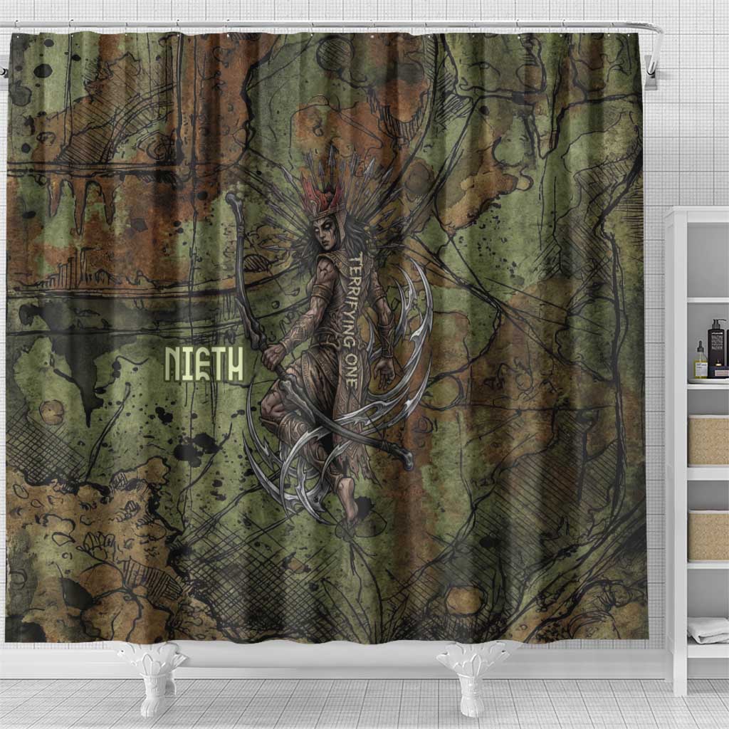 Neith Egyptian Shower Curtain War Goddess Terrifying One Dual Spears and Shield Battle Worn