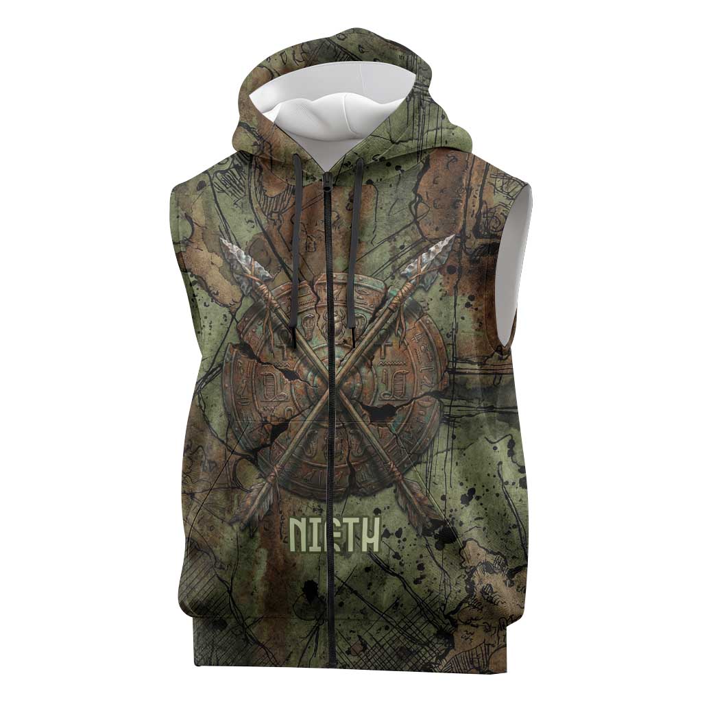 Neith Egyptian Sleeveless Zip Hoodie War Goddess Terrifying One Dual Spears and Shield Battle Worn