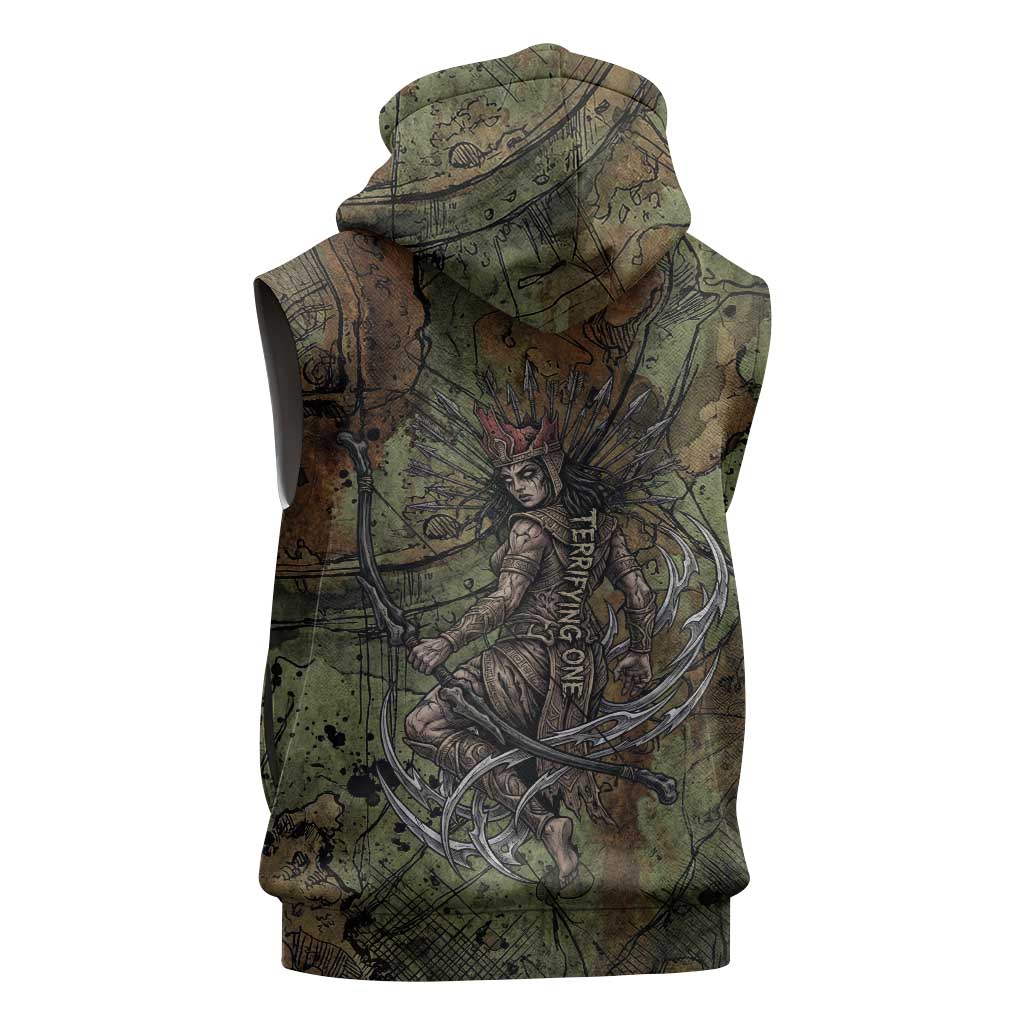 Neith Egyptian Sleeveless Zip Hoodie War Goddess Terrifying One Dual Spears and Shield Battle Worn