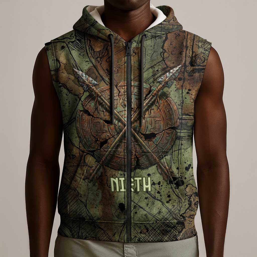 Neith Egyptian Sleeveless Zip Hoodie War Goddess Terrifying One Dual Spears and Shield Battle Worn